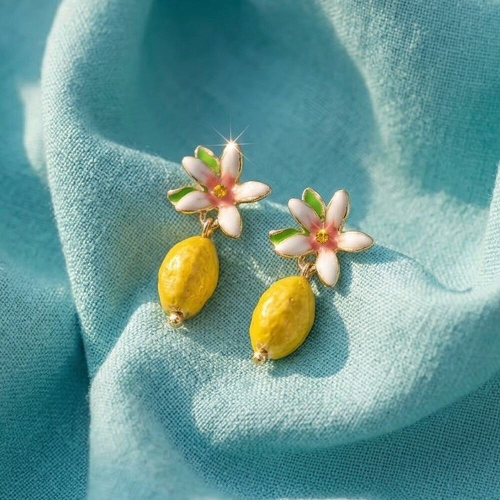 Lemon Fruit Flower Earrings Gold Cottagecore Blossom Leaf CZ French Designer Y2K